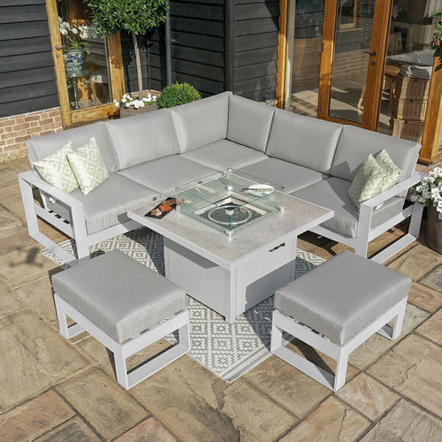 Maze - Amalfi Square Aluminium Corner Dining Set
with Fire Pit Table & Footstools - White