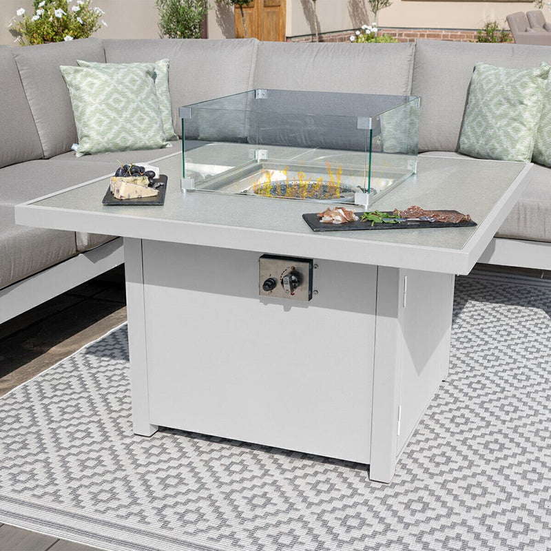 Load image into Gallery viewer, Maze - Amalfi Square Aluminium Corner Dining Set
with Fire Pit Table &amp; Footstools - White
