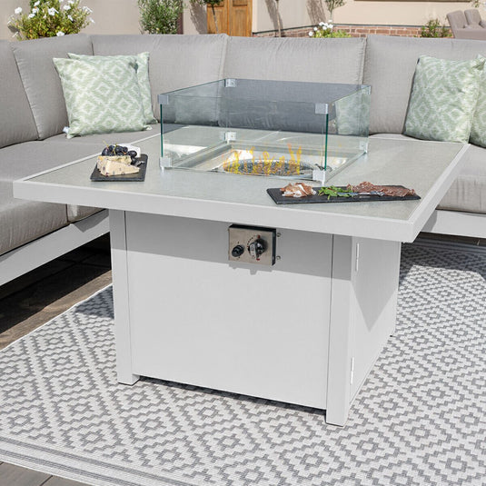 Maze - Amalfi Square Aluminium Corner Dining Set
with Fire Pit Table & Footstools - White