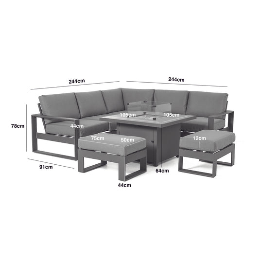 Maze - Amalfi Square Aluminium Corner Dining Set
with Fire Pit Table & Footstools - White
