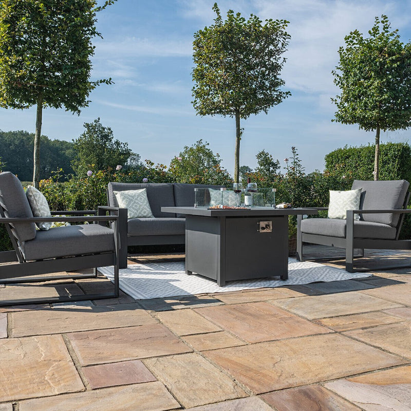 Load image into Gallery viewer, Maze - Amalfi 2 Seat Aluminium Sofa Set
with Square Fire Pit Table plus Armchairs &amp; Footstools - Grey
