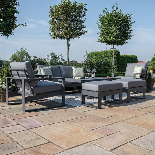 Maze - Amalfi 2 Seat Aluminium Sofa Set
with Rising Table plus Armchairs & Footstools - Grey
