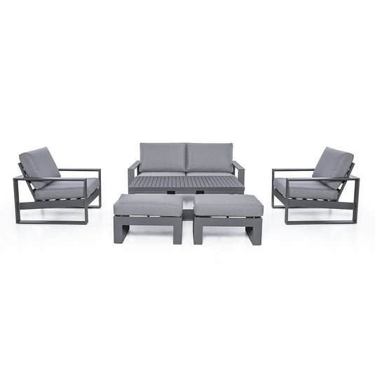 Maze - Amalfi 2 Seat Aluminium Sofa Set
with Rising Table plus Armchairs & Footstools - Grey