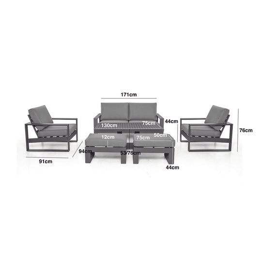 Maze - Amalfi 2 Seat Aluminium Sofa Set
with Rising Table plus Armchairs & Footstools - Grey