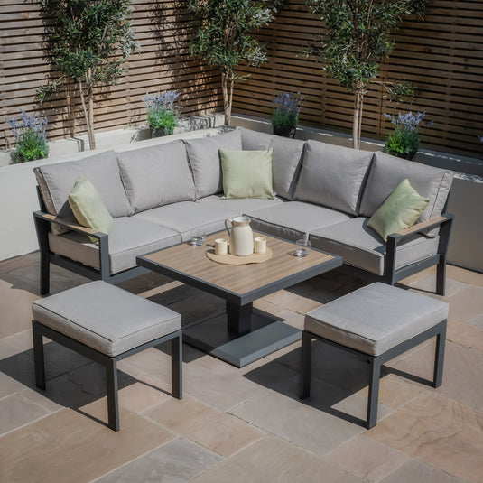 Maze - Vancouver Small Aluminium Corner Dining Set
with Square Rising Table & 2 Stools - Dove Grey
