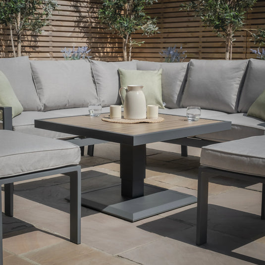 Maze - Vancouver Small Aluminium Corner Dining Set
with Square Rising Table & 2 Stools - Dove Grey