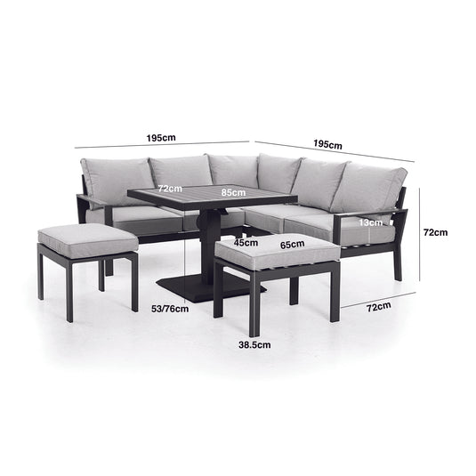Maze - Vancouver Small Aluminium Corner Dining Set
with Square Rising Table & 2 Stools - Dove Grey