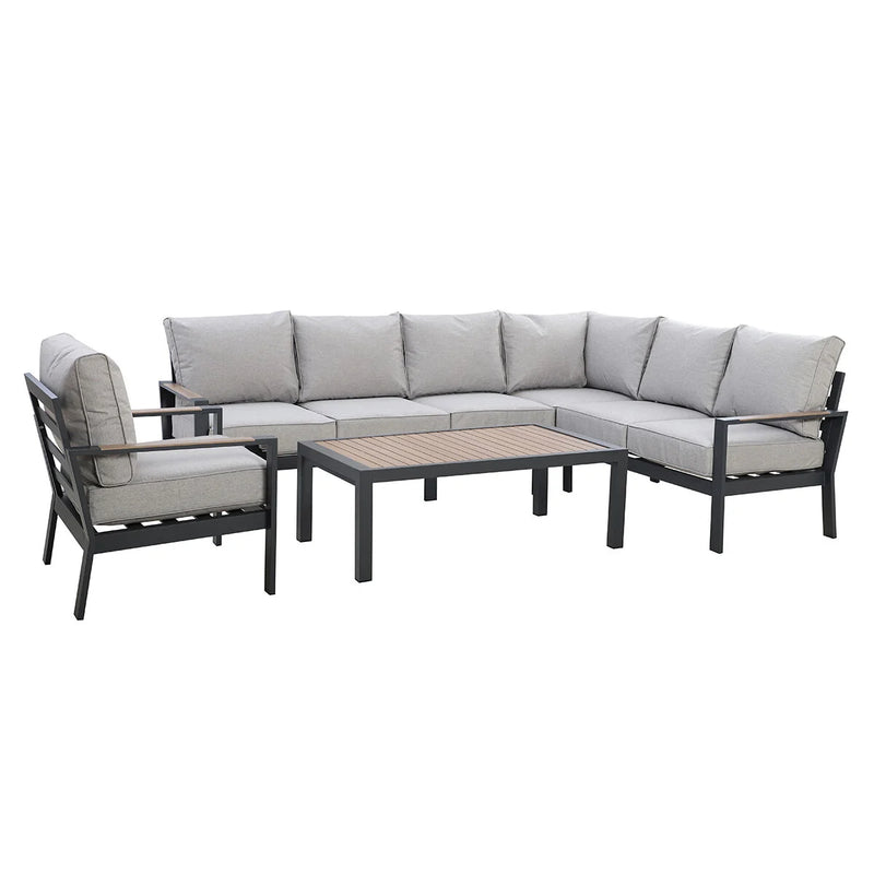 Load image into Gallery viewer, Maze - Vancouver Large Alumunium Corner Dining Set
with Rectangular Coffee Table &amp; Armchair - Dove Grey
