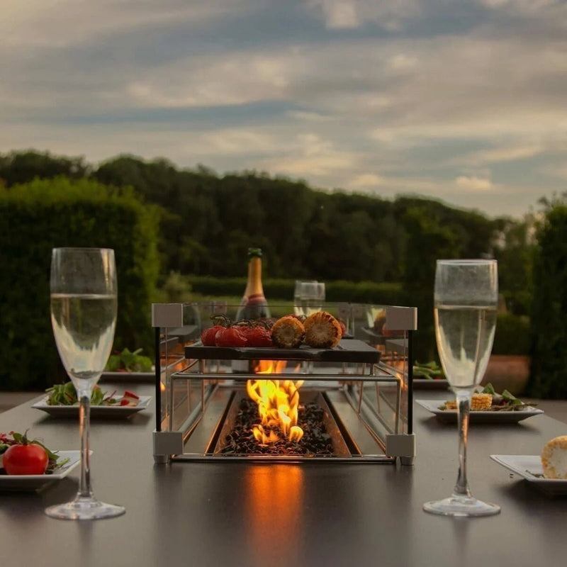 Load image into Gallery viewer, Maze - Outdoor Fabric Ambition 8 Seat Rectangular Dining Set
with Fire Pit Table - Flanelle
