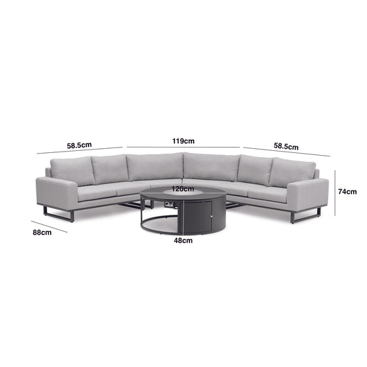 Maze - Outdoor Fabric Ethos Grande Corner Sofa Set
with Round Fire Pit Table - Oatmeal